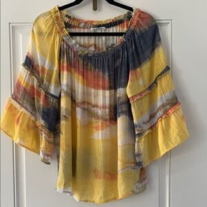 Zac & Rachel Yellow and Orange Blue Relaxed Boho Bell Sleeve Blouse K012